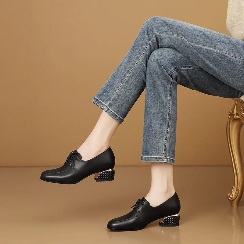 4cm真皮系带中跟单鞋女秋季百搭方头深口粗跟皮鞋上班不累脚女鞋