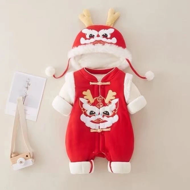 婴儿冬款加厚连体衣服过年宝宝百天抓周年红色婴儿拜年服儿童幼儿