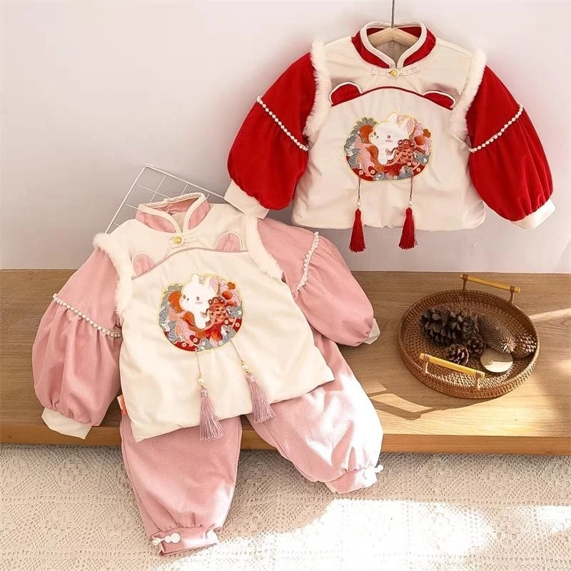 女童冬装新年套装加绒加厚拜年衣服儿童中国风汉服宝宝抓周两件套