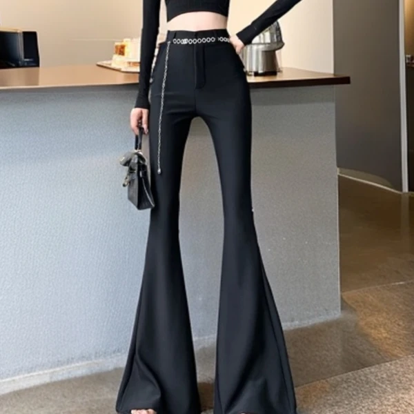 链条裤女2024秋季雅丹时尚黑色加长休闲裤高腰显瘦喇叭长裤微喇
