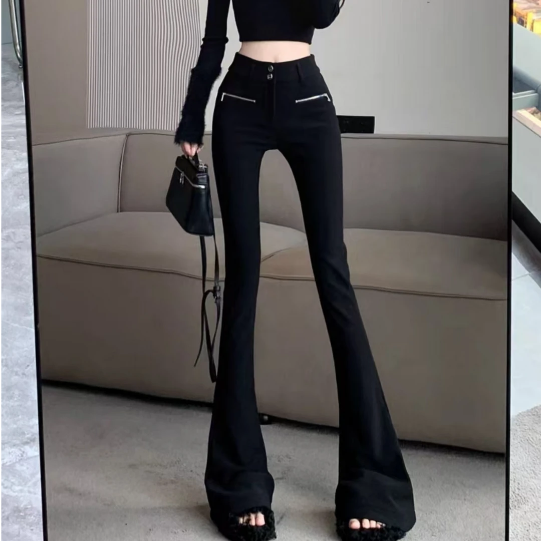 黑色马蹄西装裤女秋冬设计感高腰裤弹力紧身垂坠感拖地微喇裤