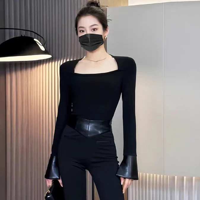 MEiMEi上衣小众复古方领显瘦设计感气质黑色针织衫百搭上衣皮袖子