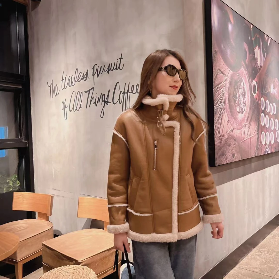 2319一体羊毛颗粒外套女中长款显瘦冬季翻领女款韩版百搭