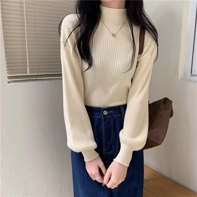 2024新款秋冬季内搭半高领初冬打底衫女修身显瘦灯笼袖针织衫毛衣
