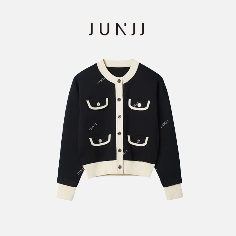 JUNJJ【SDL经典小香】2024圆领套头长袖黑色休闲时尚设计开衫外套