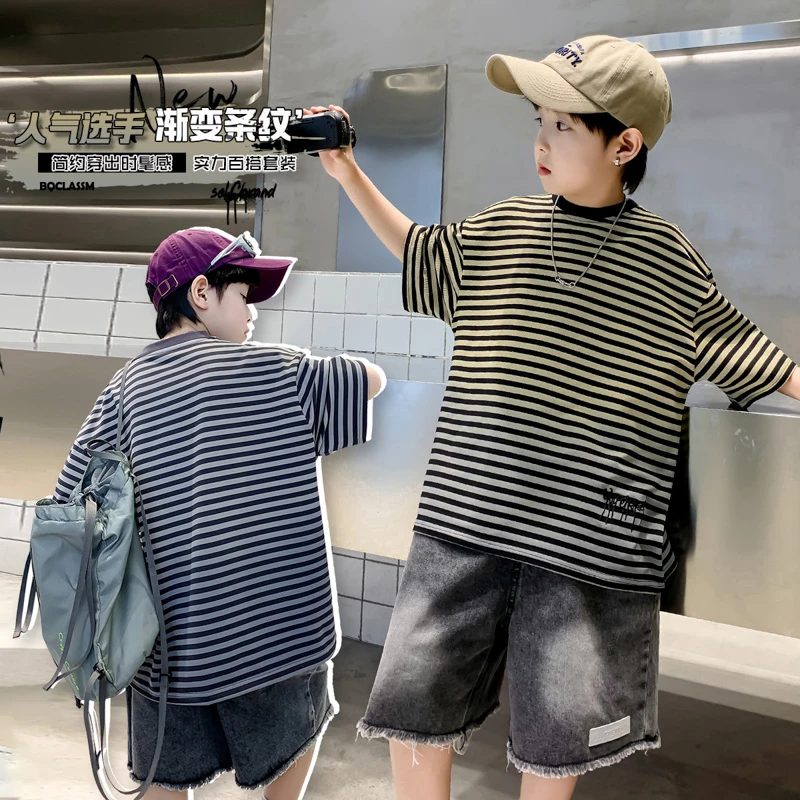 2024男童夏季新款潮酷条纹短袖套装&KN24X80条纹套装