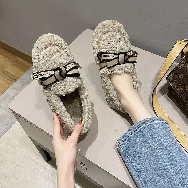 网红一脚蹬毛毛鞋女秋冬季外穿加厚棉鞋保暖豆豆鞋平底鞋M1199
