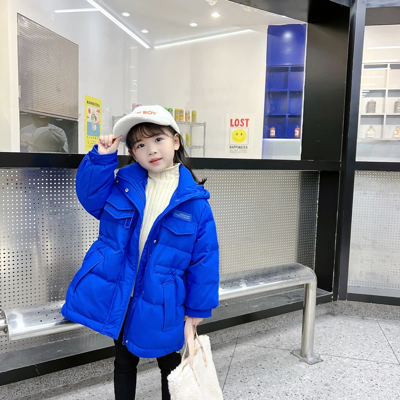 反季新款克莱因蓝女童羽绒服儿童中长款冬装洋气中大童白鸭绒外套