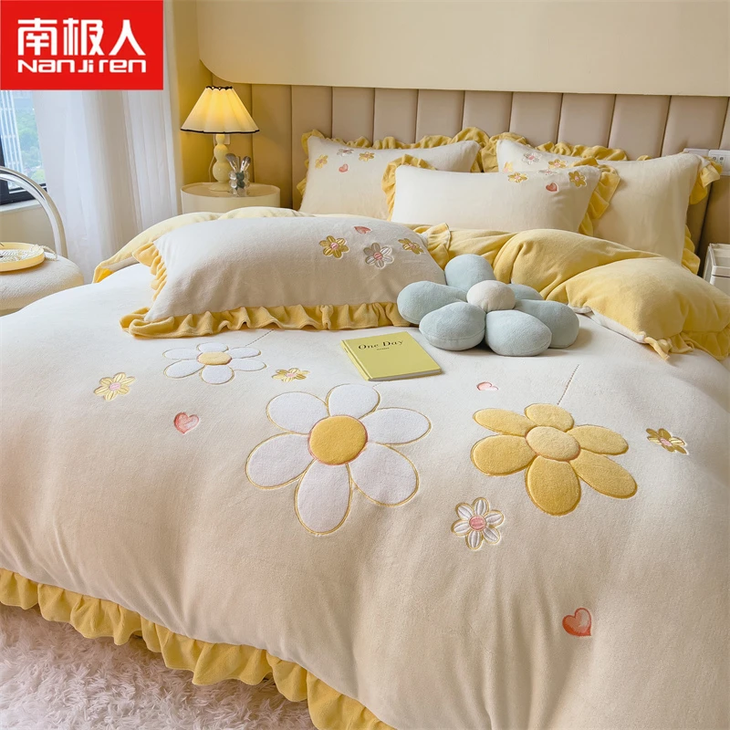 南极人新款韩版牛奶绒贴布绣四件套1.5m床单款四件套加厚双面加绒
