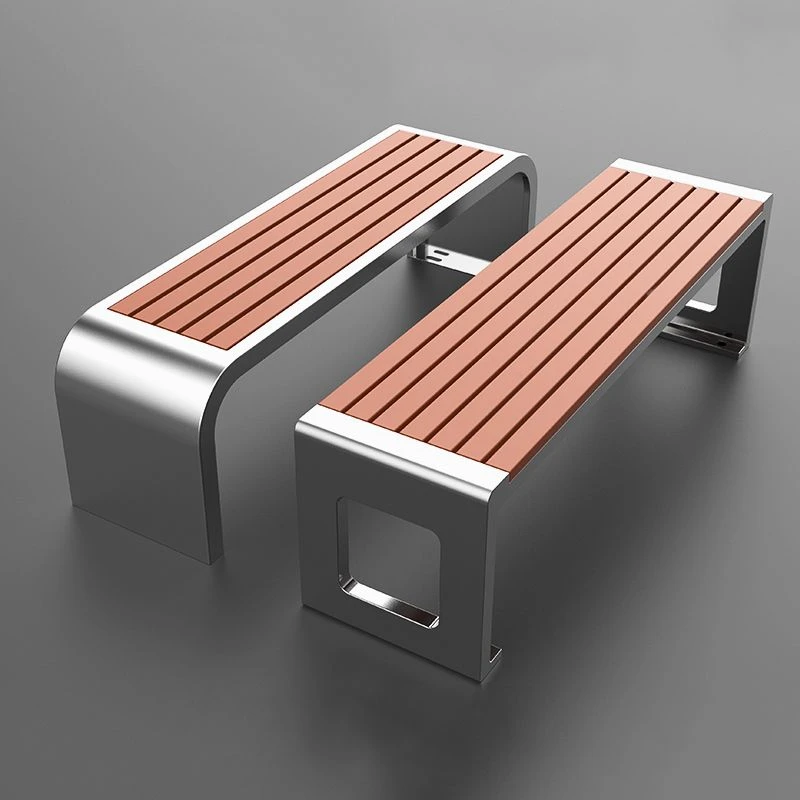 户外公园椅子一体长椅塑木不锈钢广场双人塑木长条凳子室外防腐木