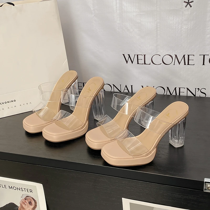 羊皮防水台高跟鞋水晶凉拖鞋女夏外穿2024新款真皮一字透明凉鞋女
