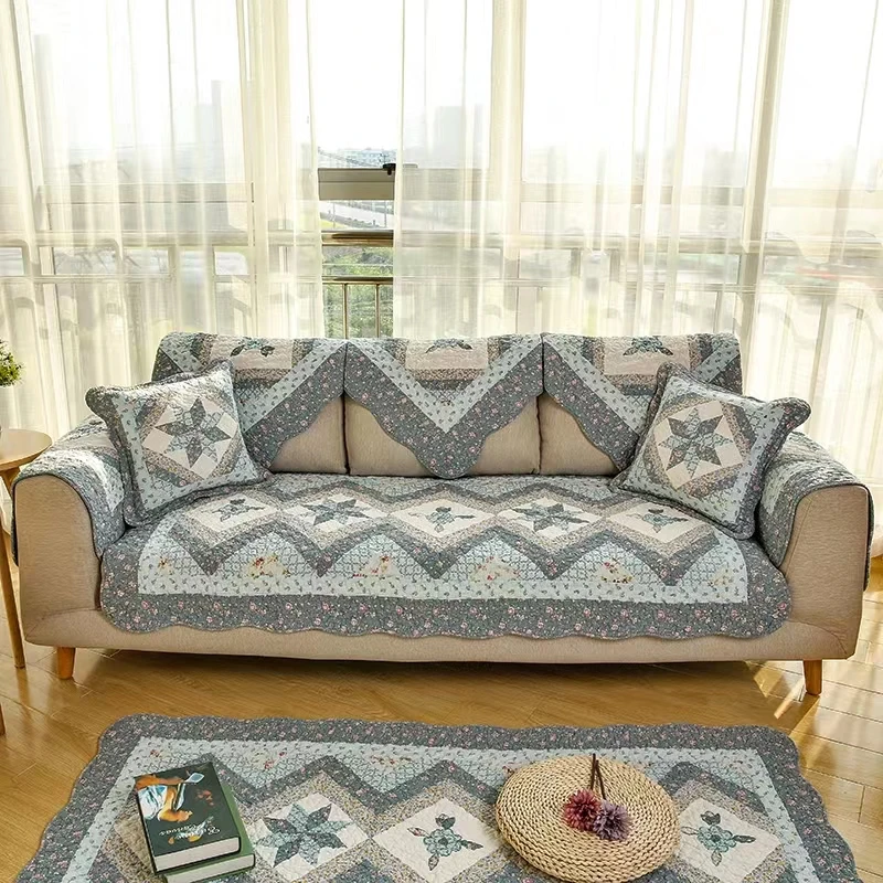 蓝色重工艺全拼接纯棉绗缝沙发垫 飘窗垫 通用地垫 90宽防滑加厚