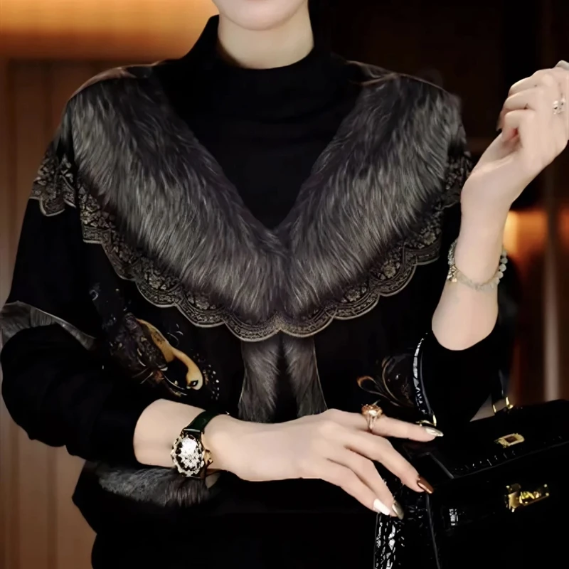 新款高端印花女显瘦显白百搭减龄气质时尚套头上衣长袖网红洋气