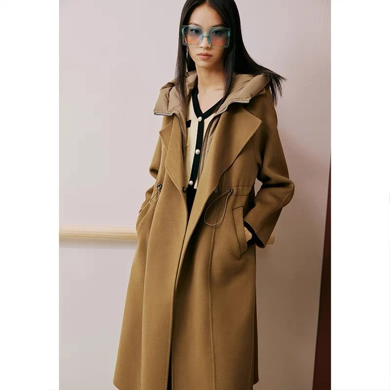 高级感大衣女2024冬季新款长款连帽拼接外套