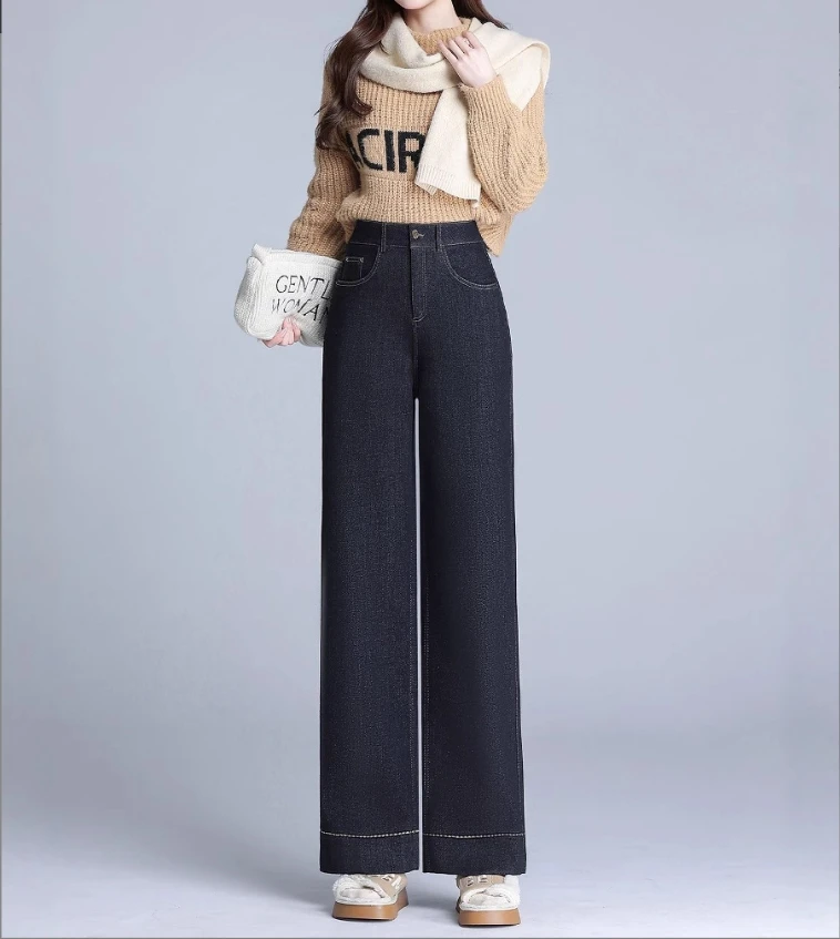 C-26 2024新款加绒阔腿牛仔裤女宽松高腰显瘦百搭拖地裤