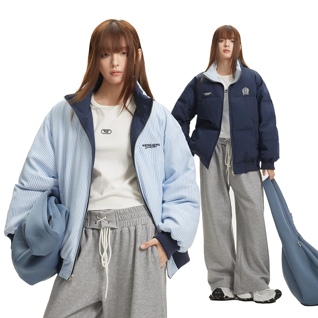 冬季美式复古学院风双面穿宽松立领棉服外套 ZE1008