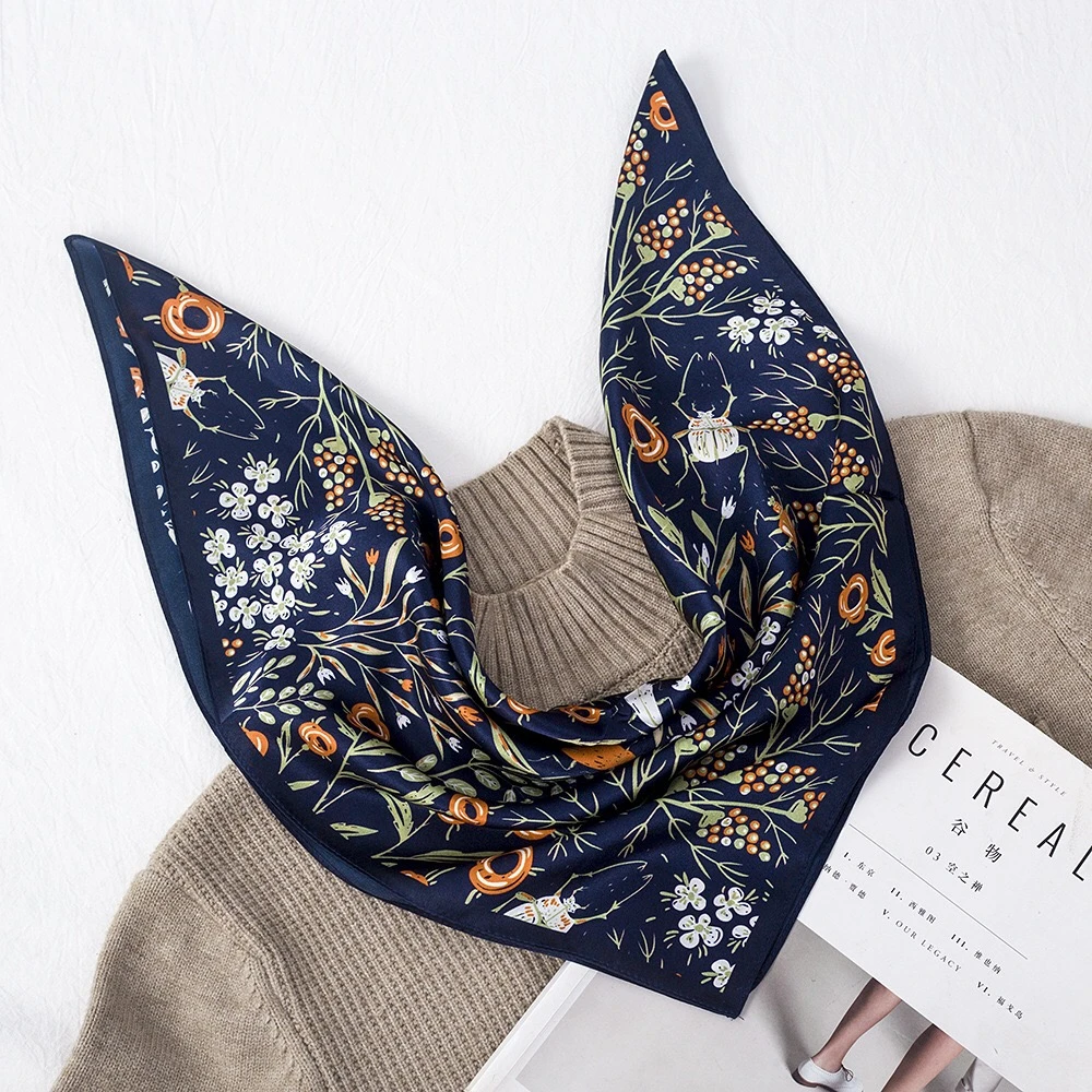 真丝丝巾女士气质洋气高档蓝色百搭小丝巾桑蚕丝小方巾春秋季薄款