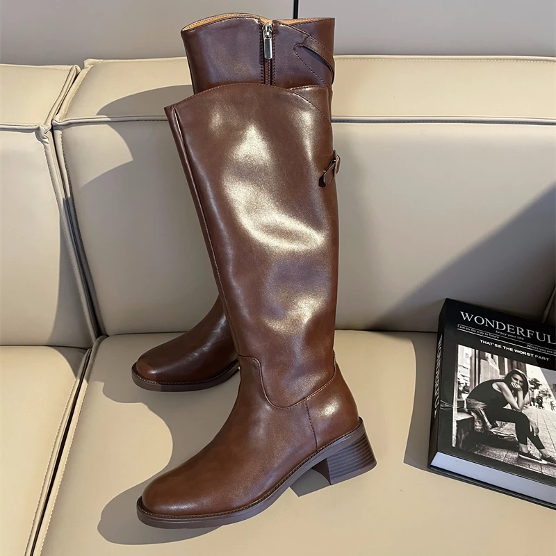 诗罗姿跟高4.5cm/复古棕色粗跟高筒厚底不过膝靴子2024秋冬新款女