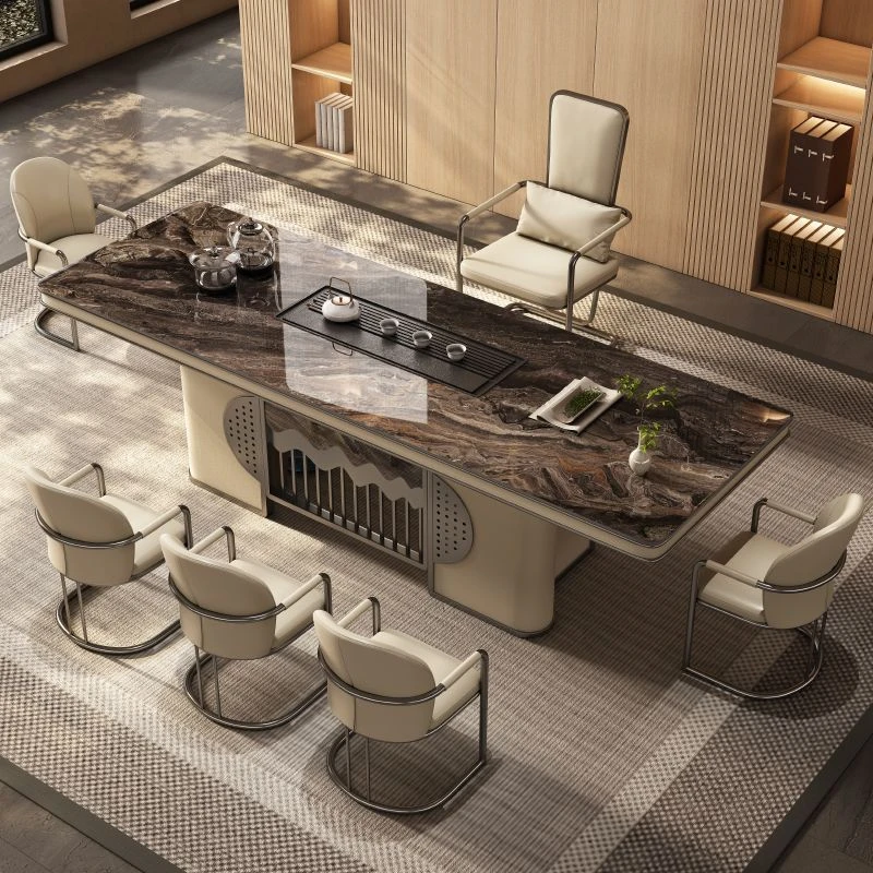 轻奢岩板茶台桌简约现代办公室茶台一体式高级感大板泡茶桌椅组合