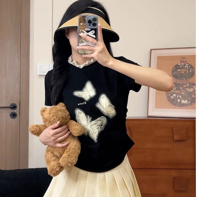 ins韩系蝴蝶印花短袖少女温柔风蕾丝花边t恤甜妹显瘦收腰短款上衣