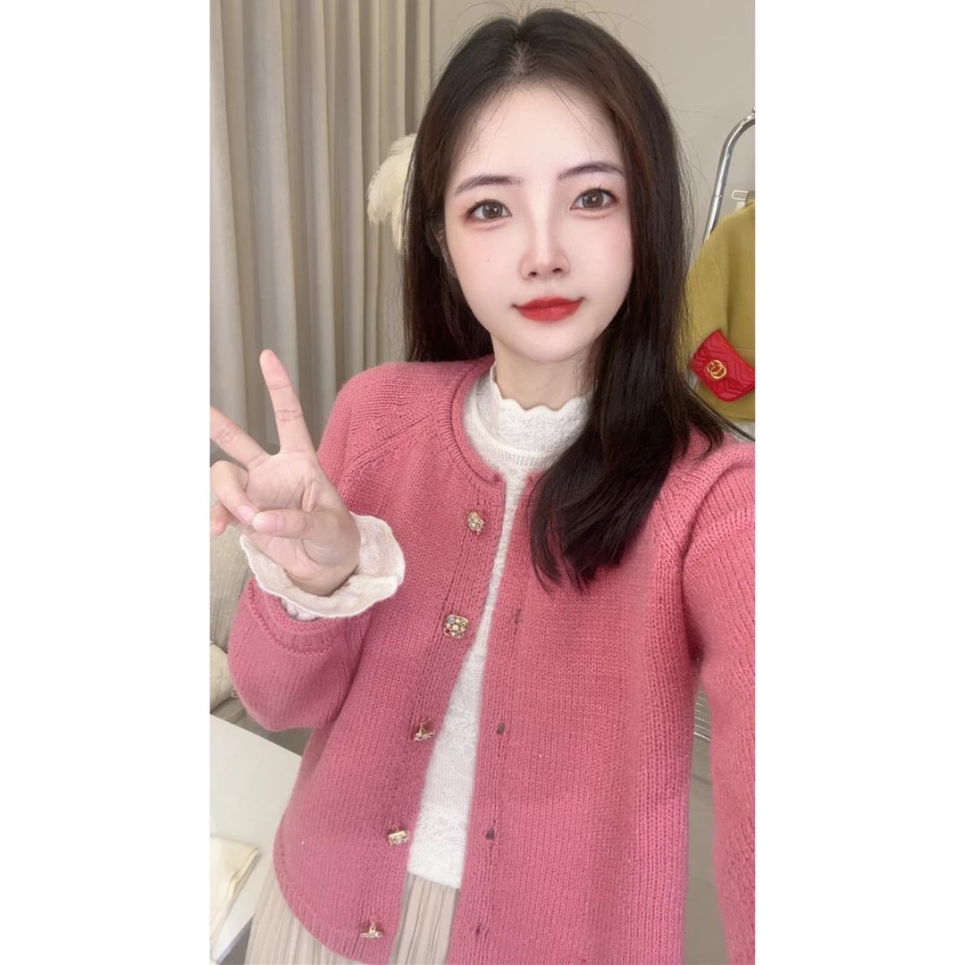 宝石扣小亮片卷边领插肩袖长袖纯色小短款针织开衫加厚毛衣外套女