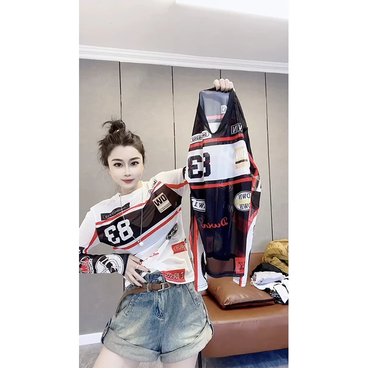 2025夏季新款拼色涂鸦印花防晒长袖T恤女修身网纱打底衫高弹上衣