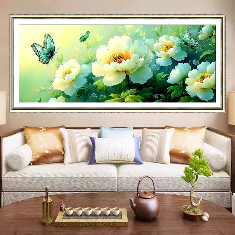 【美娜丽莎】花开富贵绿牡丹十字绣33色满绣无勾边客厅画