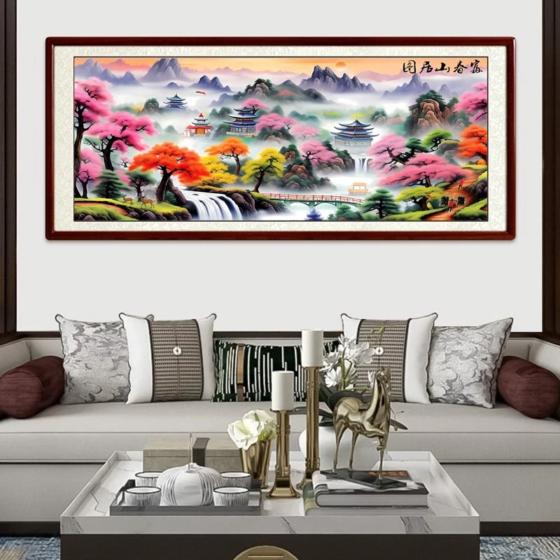 【大格】客厅风景画富春山居图（人家）十字绣49色满绣无勾边