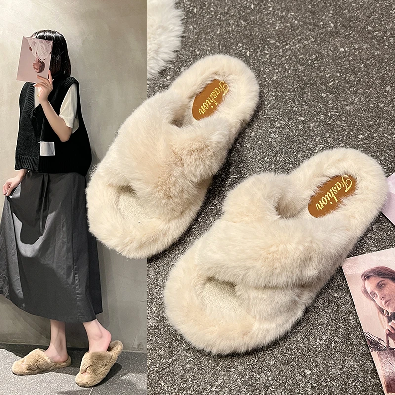 步百步2024年时尚896交叉百搭外穿厚底软底女毛毛拖鞋