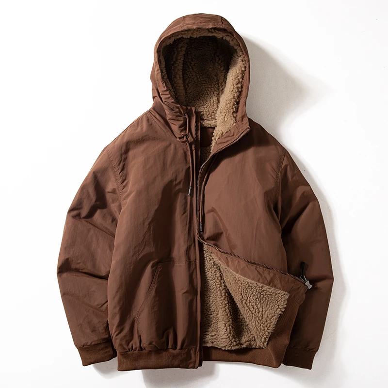 羊羔绒加绒外套男冬季新款加厚抗风保暖夹克美式复古休闲连帽棉服