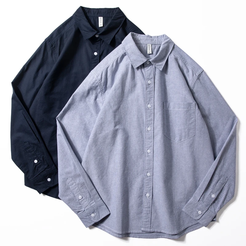 牛津纺长袖衬衫男春秋新款上衣日系复古纯色简约百搭宽松休闲衬衣