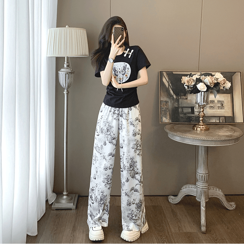 新中式国风水墨画休闲运动服套装女2024夏季新款宽松阔腿裤两件套