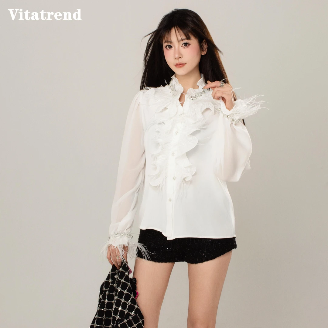 Vitatrend复古宫廷风木耳边水钻羽毛衬衫立领长袖设计感小众