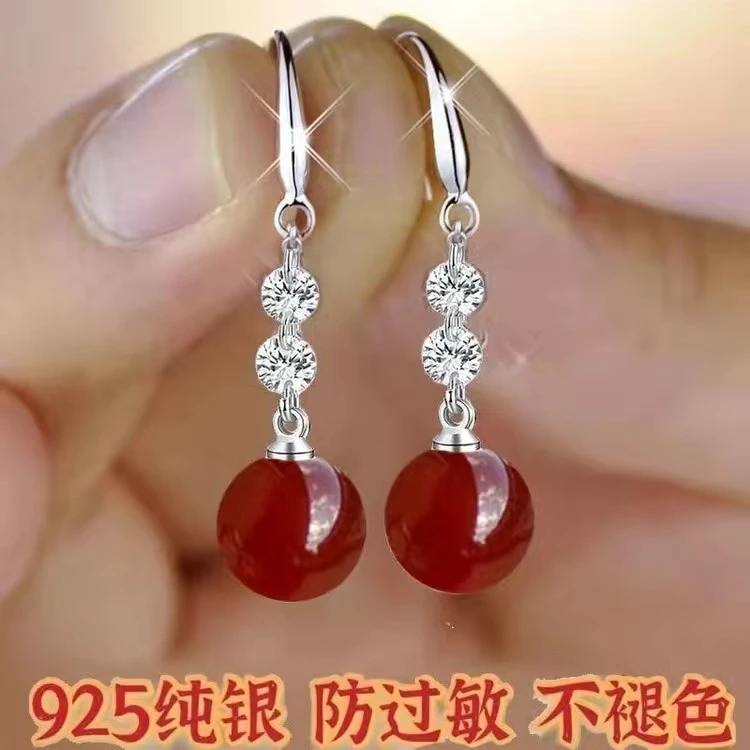 天然玛瑙耳环S925纯银气质长款耳坠女2025年新款潮百搭显瘦耳饰