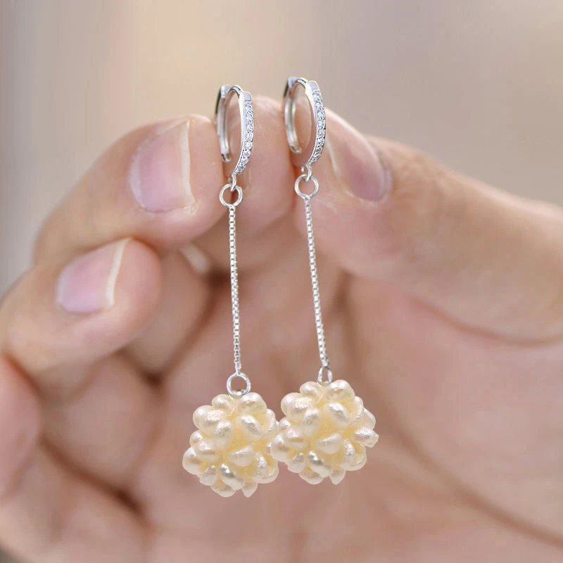 编织天然珍珠花朵s925银耳环女2025款爆款长款显瘦流苏耳坠耳饰