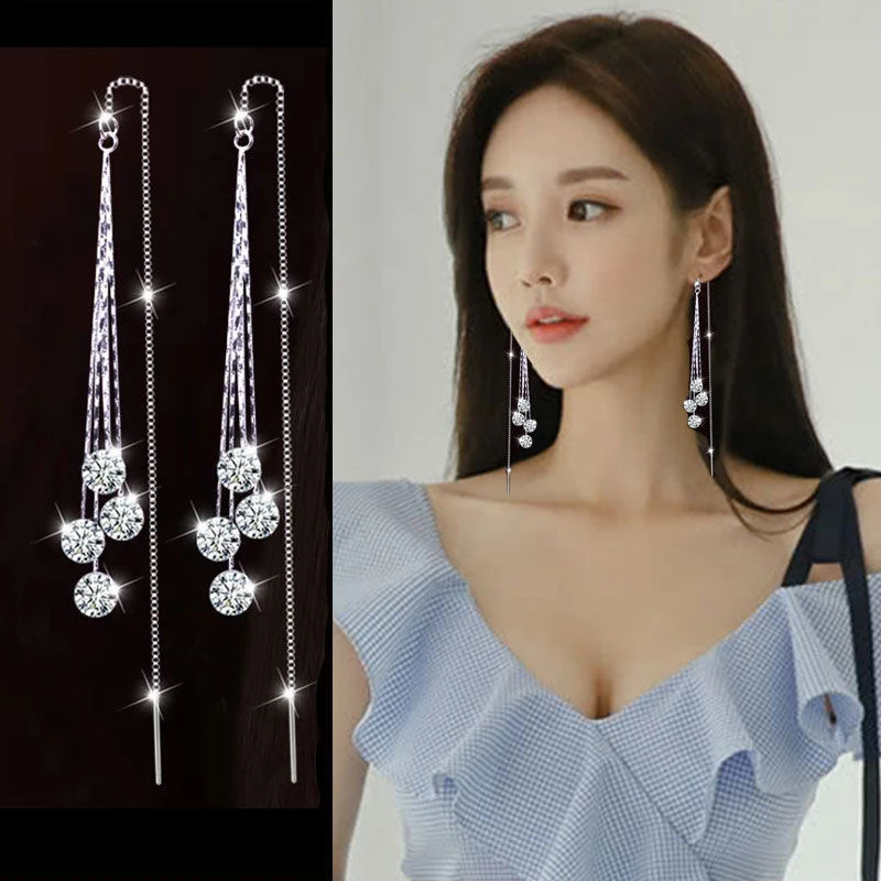 925银耳饰 长款流苏s925纯银耳环女显瘦气质款闪钻耳坠百搭耳饰