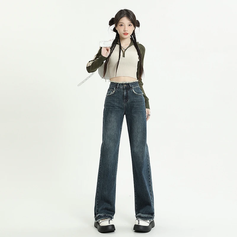 高腰牛仔裤女阔腿裤2023新款春秋显瘦显高宽松百搭设计感拖地裤子