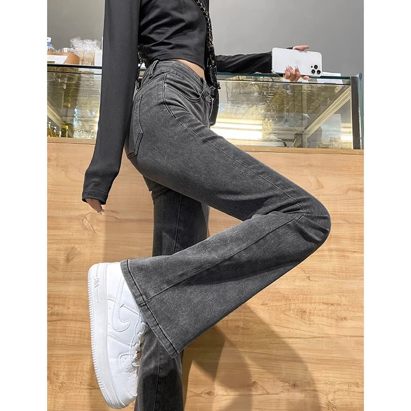 烟灰色加绒微喇牛仔裤女秋季2025年新款显瘦高腰小个子马蹄喇叭裤