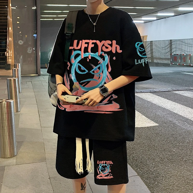 华夫格短袖t恤运动套装男夏季潮牌宽松小恶魔涂鸦短裤休闲两件套
