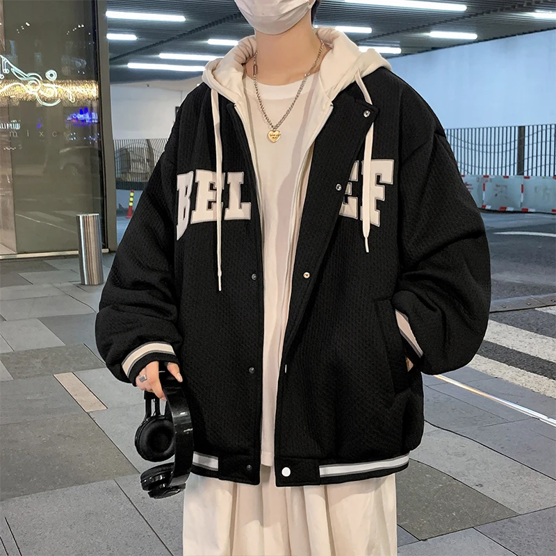 迈特优假两件外套男士秋冬季新款潮牌字母连帽棒球服休闲宽松夹克