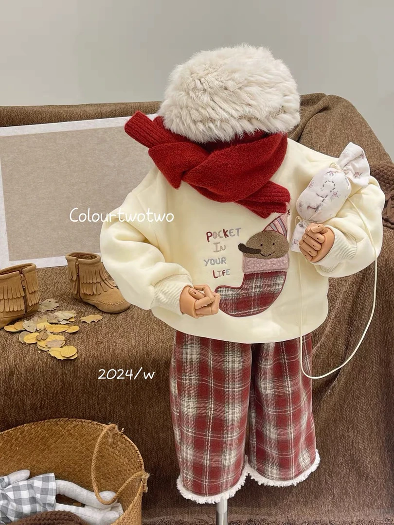 【颜图图】24年冬季新品儿童圣诞袜卫衣+红色格子裤加绒套装
