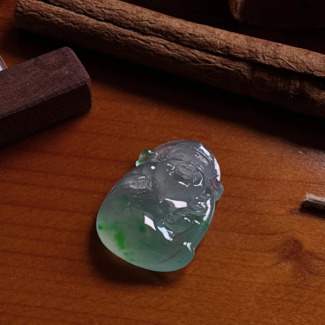 大师作品缅甸天然翡翠a货木纳飘翠翡翠财神种老胶感足工艺精致美