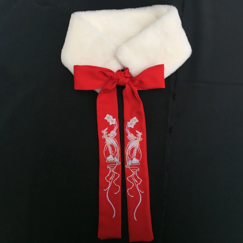 汉服毛领围脖古风古装配饰中国风刺绣复古双面毛绒加厚冬季围巾女