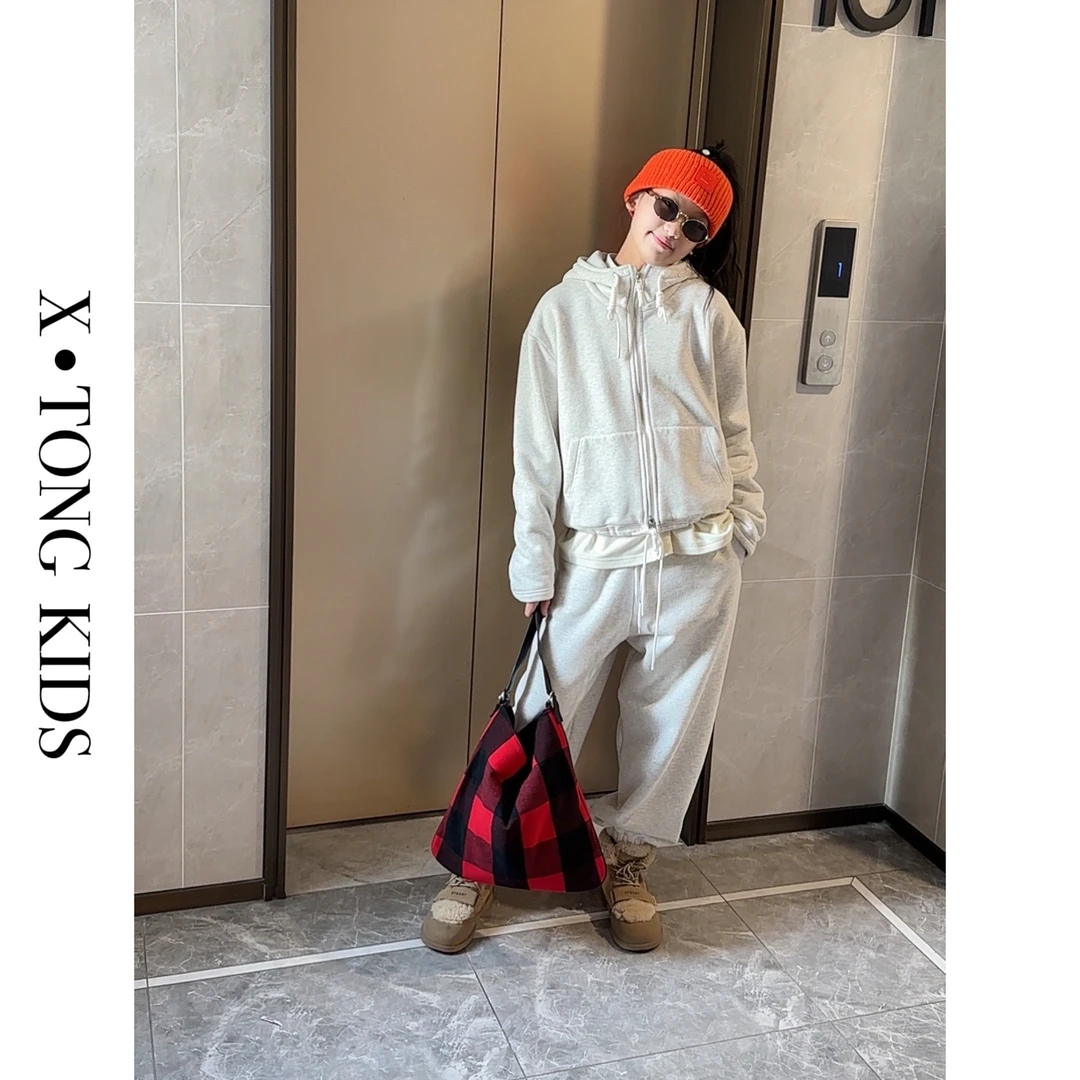 【X•TONG】私服系列软糯一体绒  极简风加绒连帽卫衣卫裤套装  8012