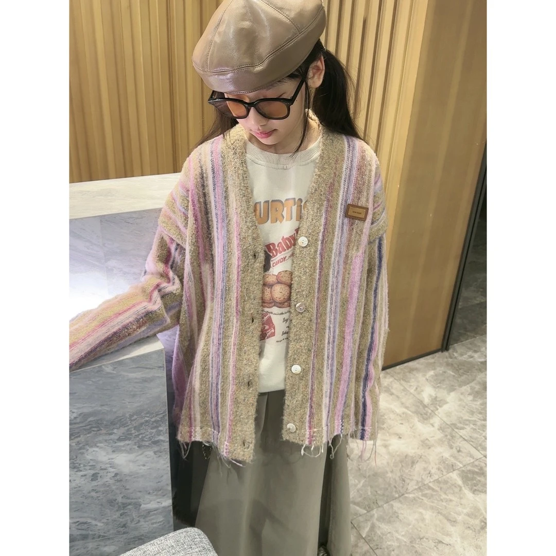 欣TONG-小众设计款女童韩版时尚洋气拼色针织花纱毛衣开衫 Z5668