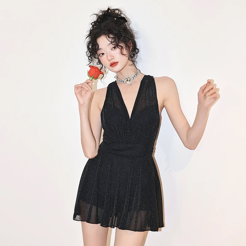 泡温泉泳衣女25新款气质遮肚显瘦保守修身连体裙式黑色连体泳衣