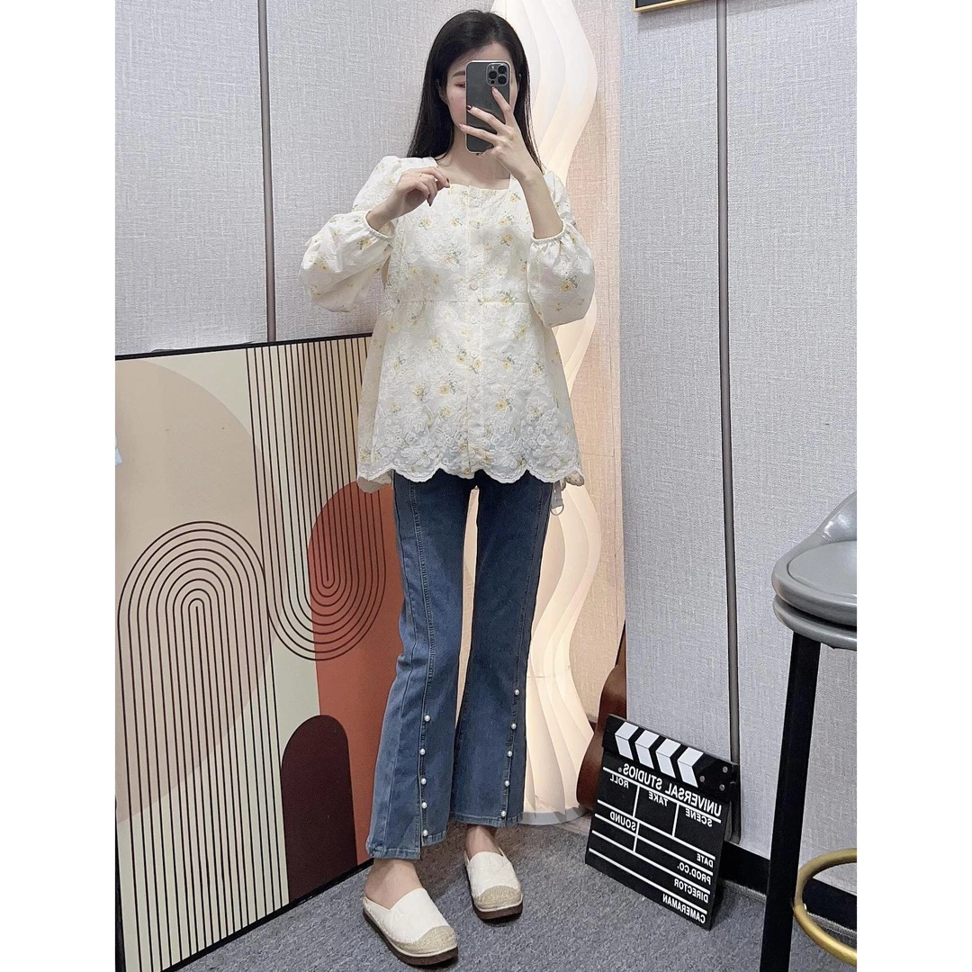 孕妇装秋季时尚洋气减龄碎花长袖工艺衬衣+钉珠托腹牛仔裤两件套