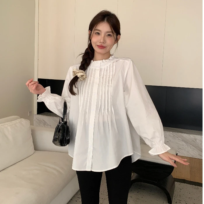 孕妇装秋装新款木耳花边压褶甜美衬衫法式韩版设计感减龄长袖衬衣