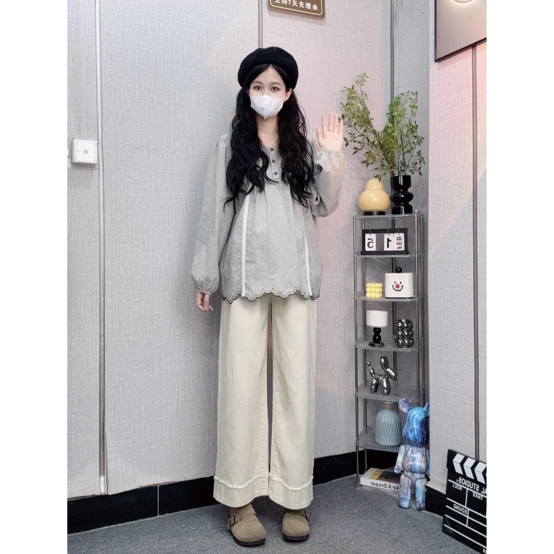 孕妇装秋款新款时尚款条纹衬衫宽松长袖百搭韩版外穿上衣