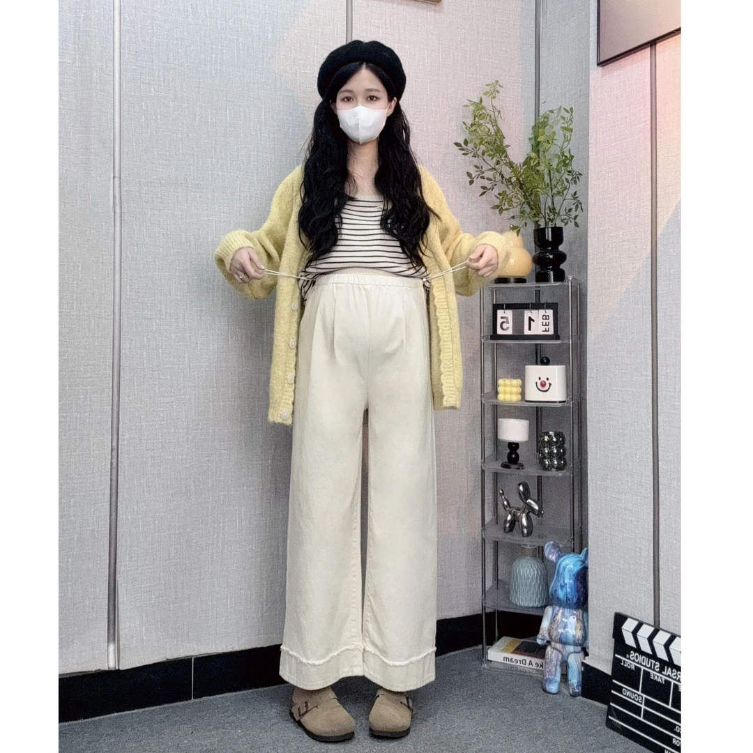 孕妇裤春秋款外穿牛仔裤时尚小个子抽绳显瘦宽松设计感垂感阔腿裤